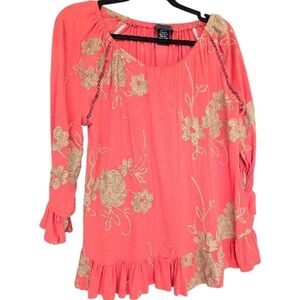 Liv Los Angeles Coral Floral Embroidered Long Sleeve Women's Top Med Chest 26"